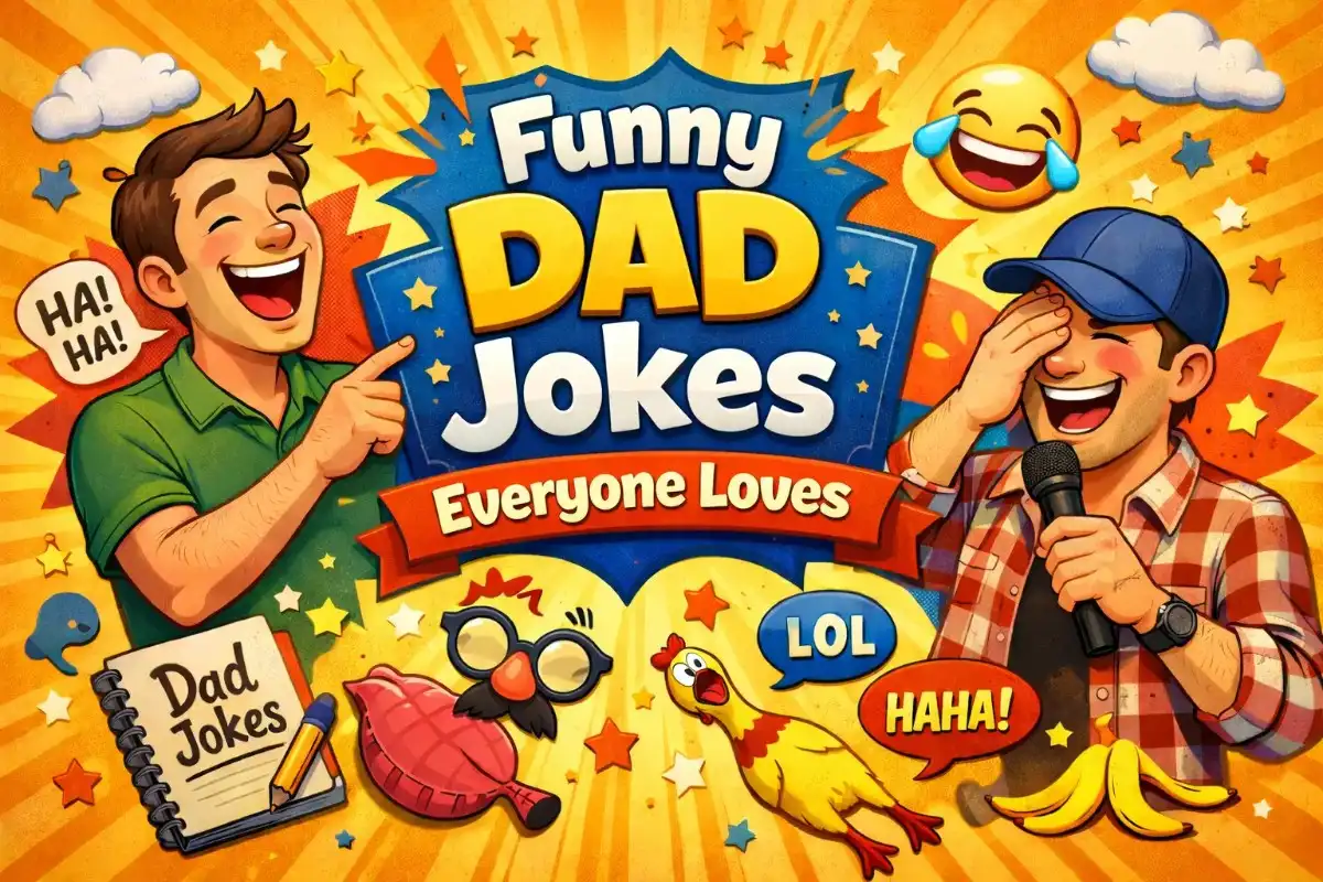 Funny short dad jokes illustration with laughing dads and classic dad joke humor