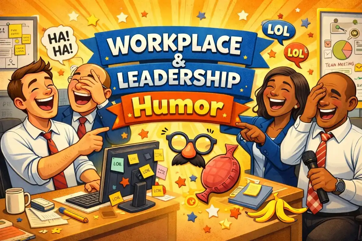 Top 160 short dad jokes illustration showing coworkers laughing together in a fun workplace setting