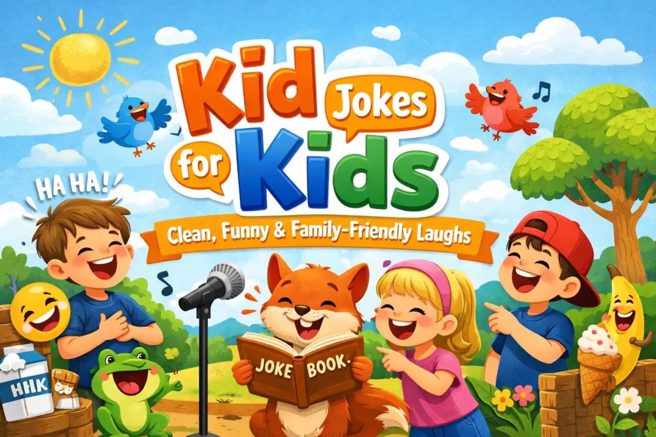 Kids enjoying clean jokes in a fun outdoor setting with a fox mascot.Kid Jokes for Kids – Clean, Funny & Family-Friendly Laughs