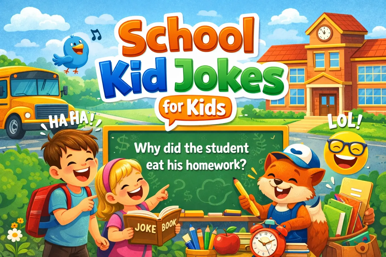 Smiling kids laughing with a fox mascot, reading jokes in a school setting. Kid Jokes for Kids – Clean, Funny & Family-Friendly Laughs