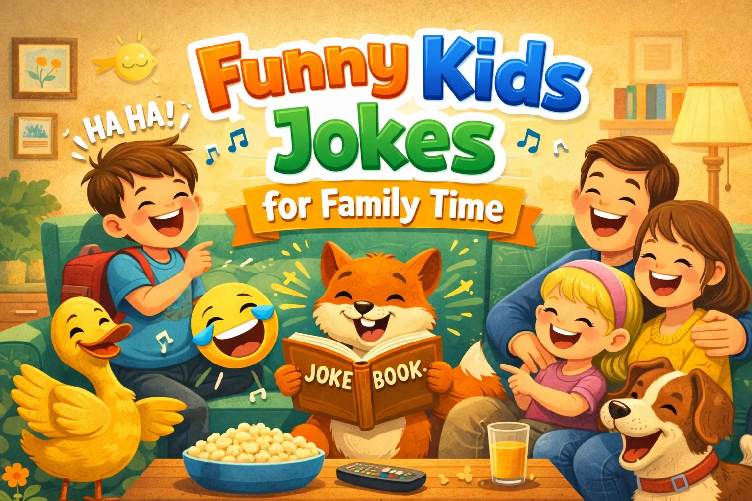 Family enjoying funny kid jokes together, with popcorn and a pet dog. Kid Jokes for Kids – Clean, Funny & Family-Friendly Laughs