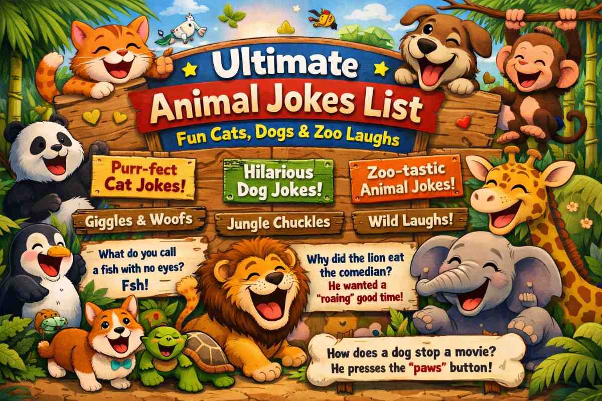 Alt Text: A colorful infographic with animal-themed jokes, featuring a panda, dog, cat, giraffe, elephant, and more.