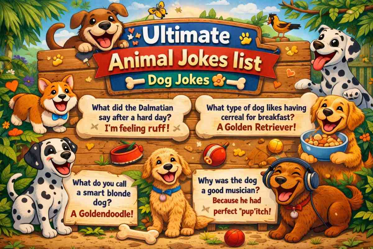 A playful infographic with dog jokes and illustrations of different dog breeds such as Corgi, Dalmatian, and Golden Retriever.