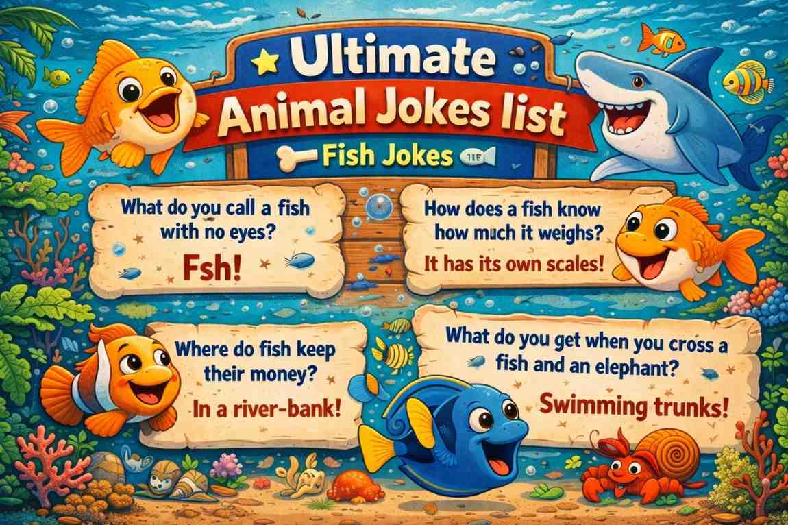 A vibrant and colorful underwater scene with fish, shark, and marine life along with humorous fish-themed jokes.