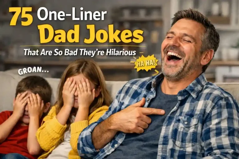 Header image for 75 one-liner dad jokes that are so bad they're hilarious featuring a laughing dad in a flannel shirt and facepalming children.