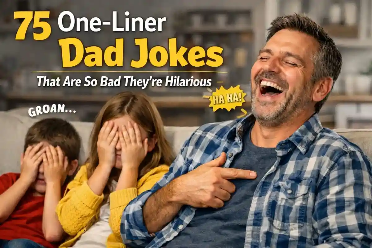 Header image for 75 one-liner dad jokes that are so bad they're hilarious featuring a laughing dad in a flannel shirt and facepalming children.