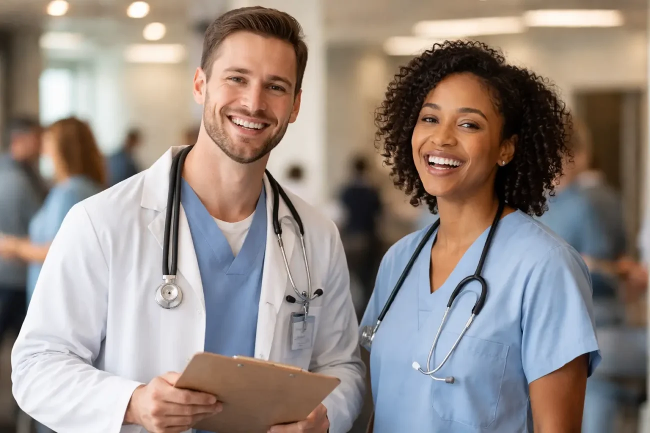 Riddle Hospital doctors smiling while holding clipboard in hospital