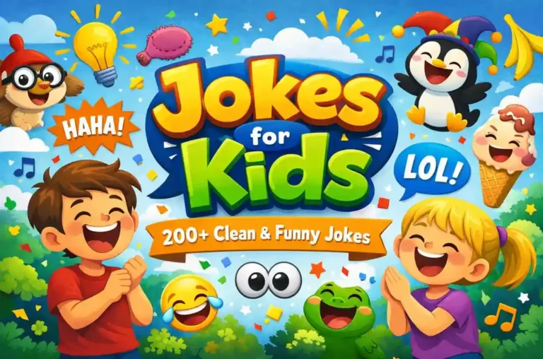 A vibrant illustration with playful characters celebrating the fun and humor of kids' jokes. Includes food-themed elements and cheerful kids with joyful expressions."