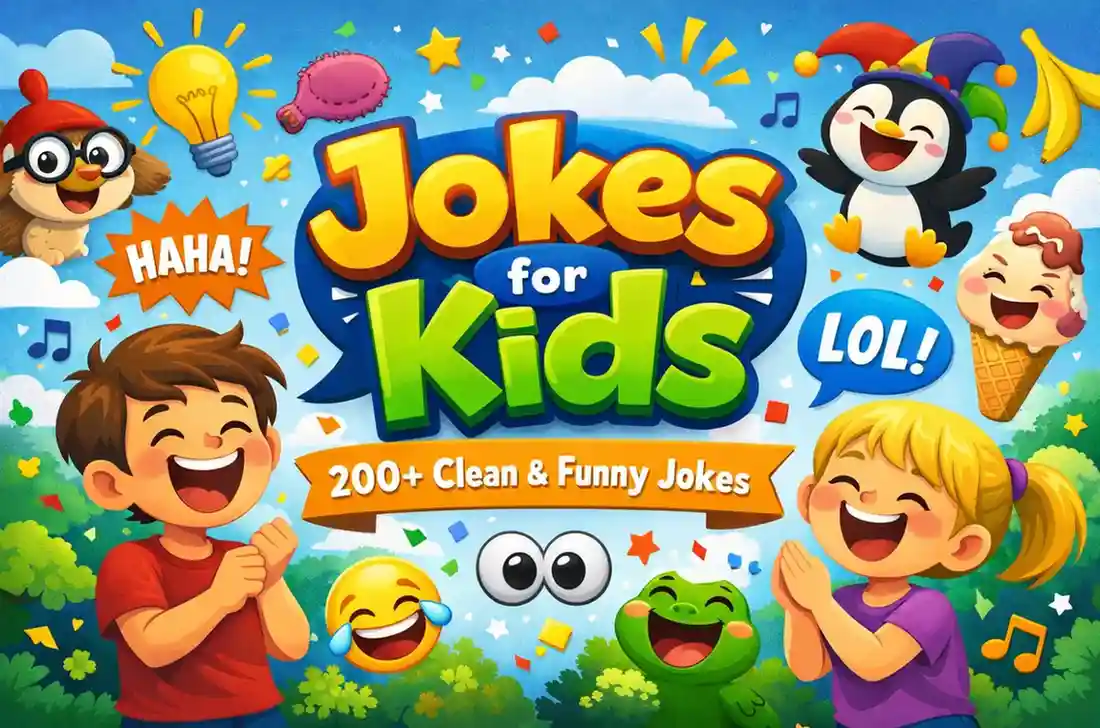 A vibrant illustration with playful characters celebrating the fun and humor of kids' jokes. Includes food-themed elements and cheerful kids with joyful expressions."