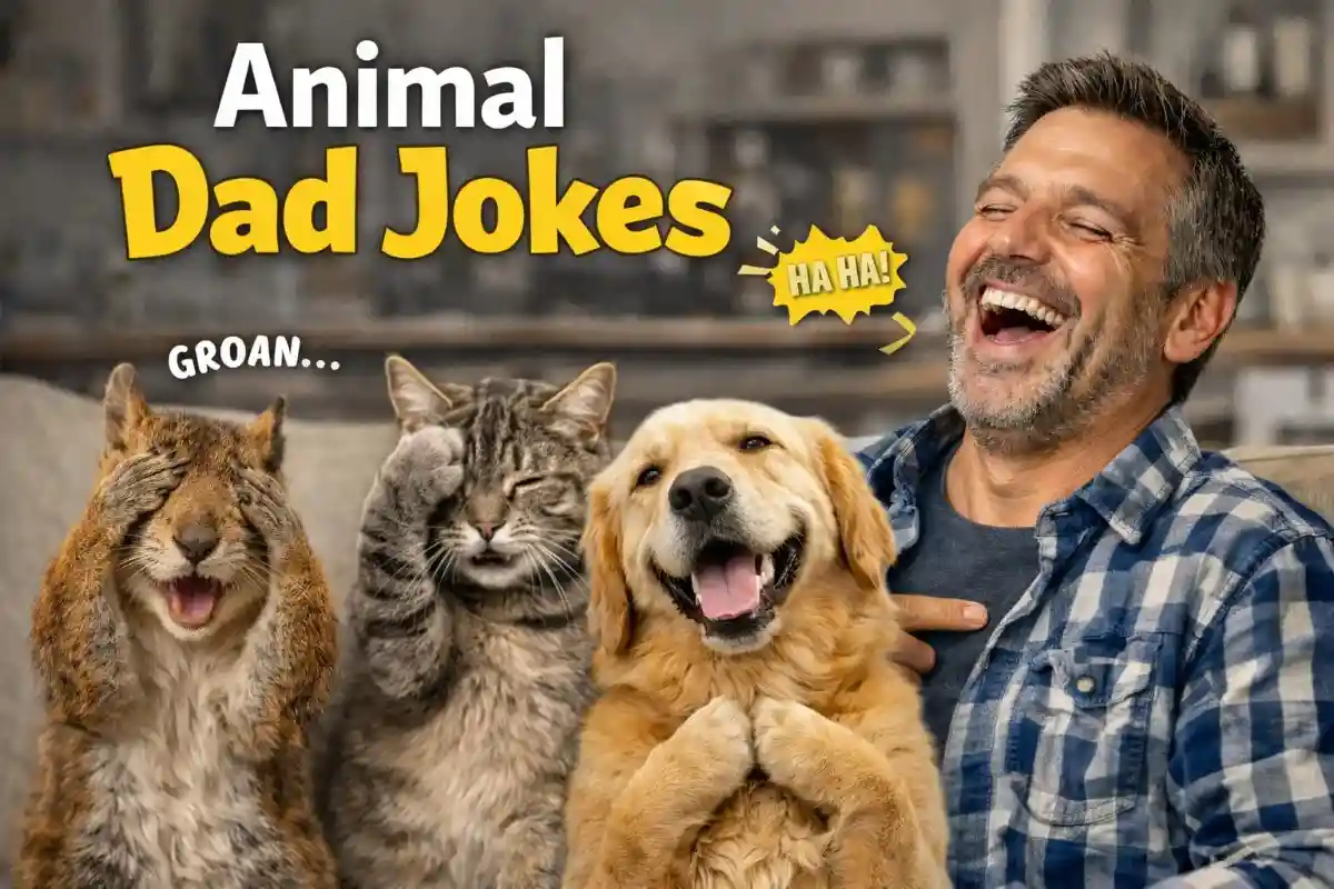 A man laughing with a squirrel, cat, and dog who are reacting to 75 one-liner dad jokes that are so bad they're hilarious.