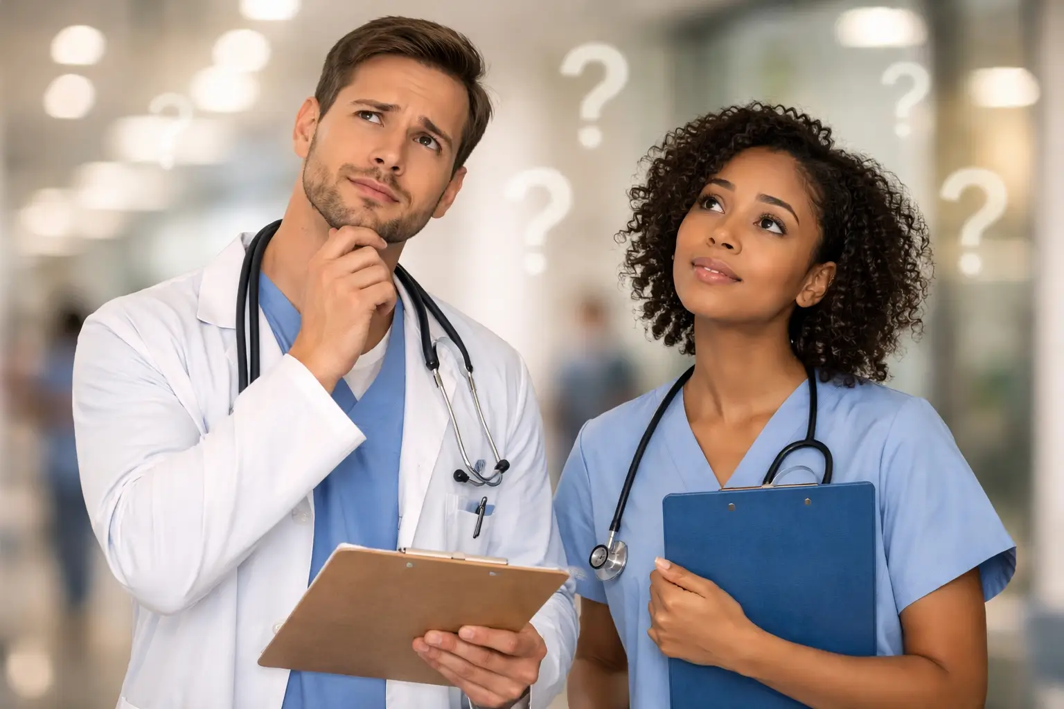 Riddle Hospital doctors thinking with question marks in background
