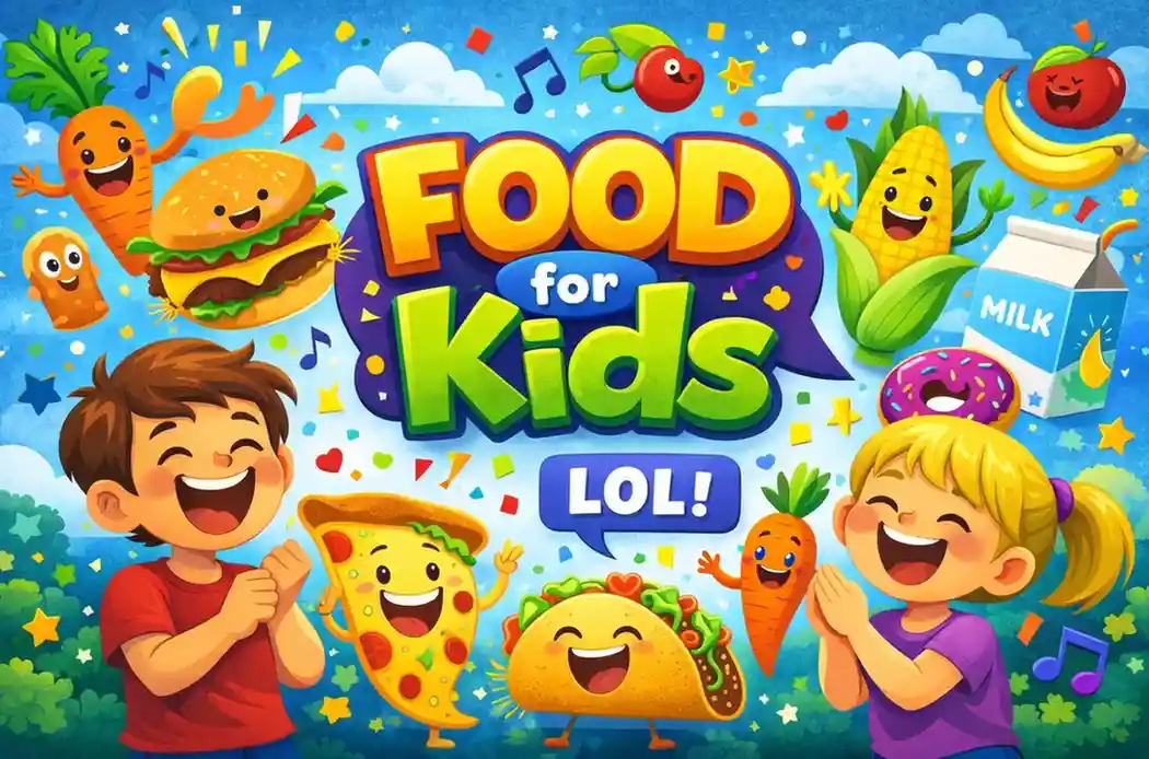 A lively and colorful illustration of happy food-themed characters, including a hamburger, pizza, tacos, and fruits, surrounding laughing kids. This image celebrates 'Food Jokes for Kids' with playful food characters and vibrant energy." Food Jokes for Kids: 200+ Clean & Funny Jokes"
