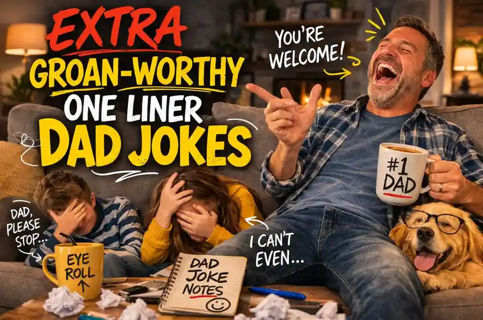 A laughing father holding a #1 Dad mug while his kids facepalm, illustrating 75 one-liner dad jokes that are so bad they're hilarious.