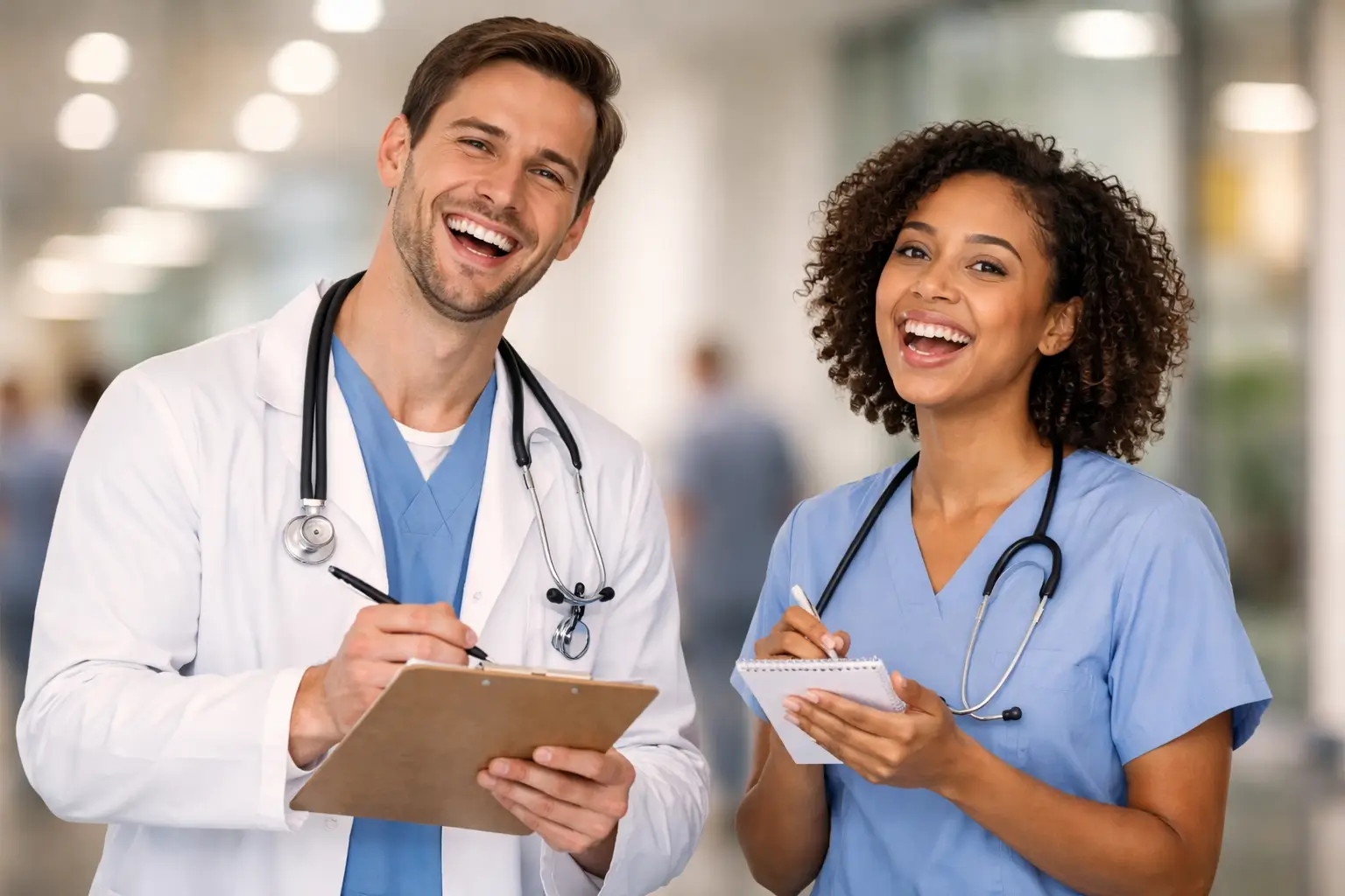 Riddle Hospital doctors laughing while writing notes in hospital