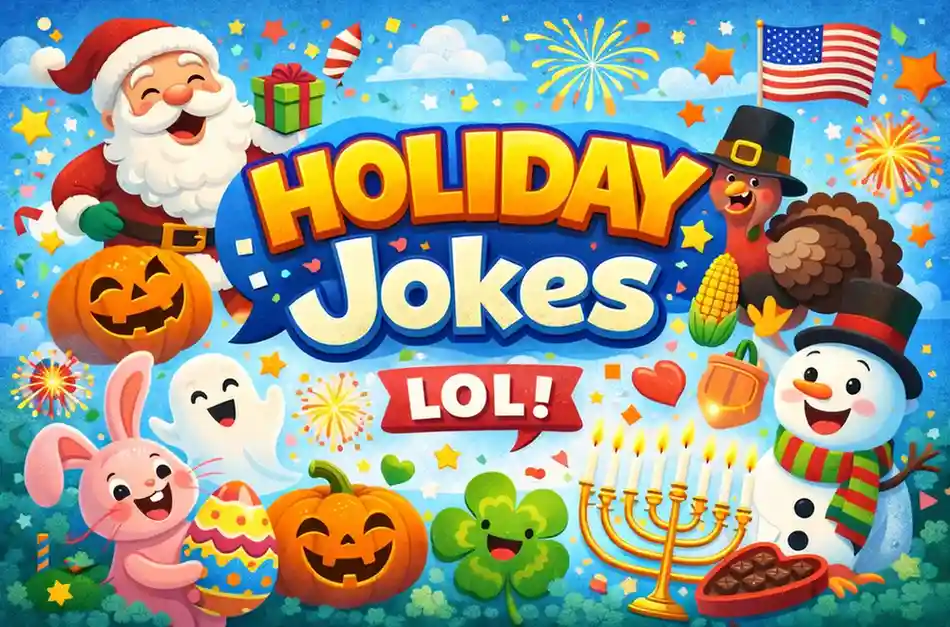 A joyful and colorful illustration featuring holiday-themed characters, including Santa, a snowman, a turkey, and a bunny, all celebrating with festive pumpkins, gifts, and fireworks. The image represents 'Holiday Jokes for Kids' with a fun and vibrant tone."