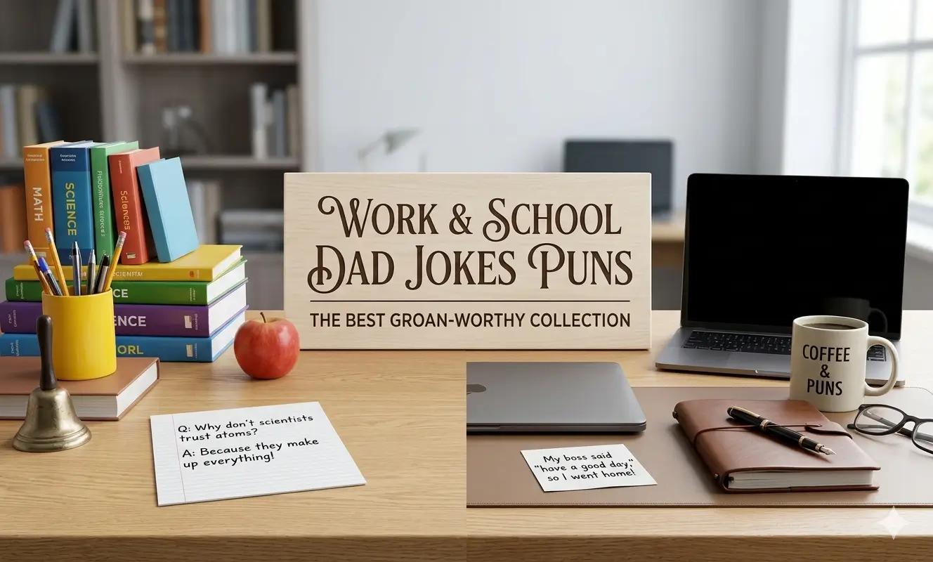 Work and school desk setup with books, laptop, and sign showing Dad Jokes Puns collection for students and office humor