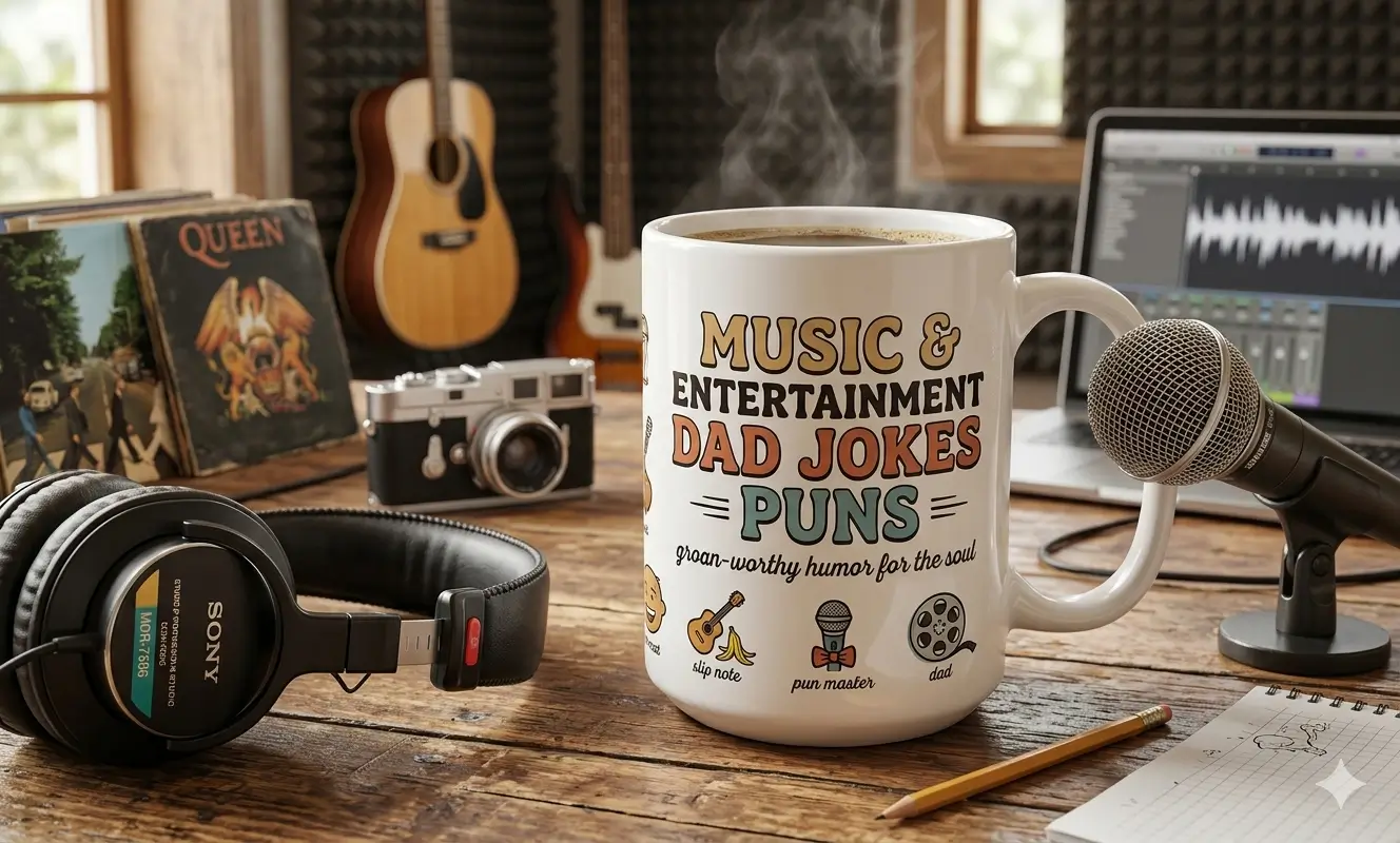 Dad Jokes Puns mug on a music studio desk with headphones, microphone, and instruments creating a fun entertainment-themed dad jokes setup
