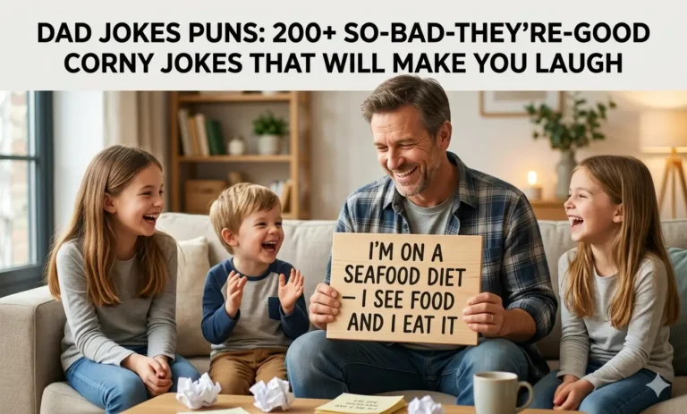 Dad holding a funny sign while kids laugh together illustrating Dad Jokes Puns family humor